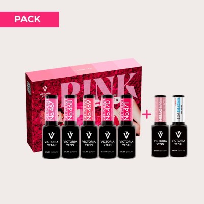 Pack Pink Scandal Victoria Vynn con 5 esmaltes Gel Polish rosa neón, Hello Base y Top Oh My Gloss
