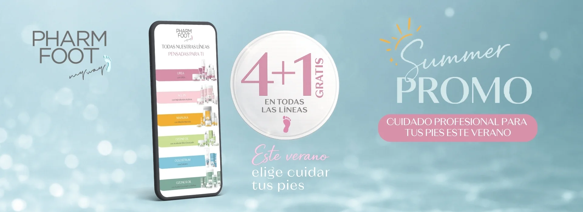 Promoción Pharm Foot 4+1 gratis en productos profesionales para el cuidado de los pies. Combina productos de todas las líneas participantes.